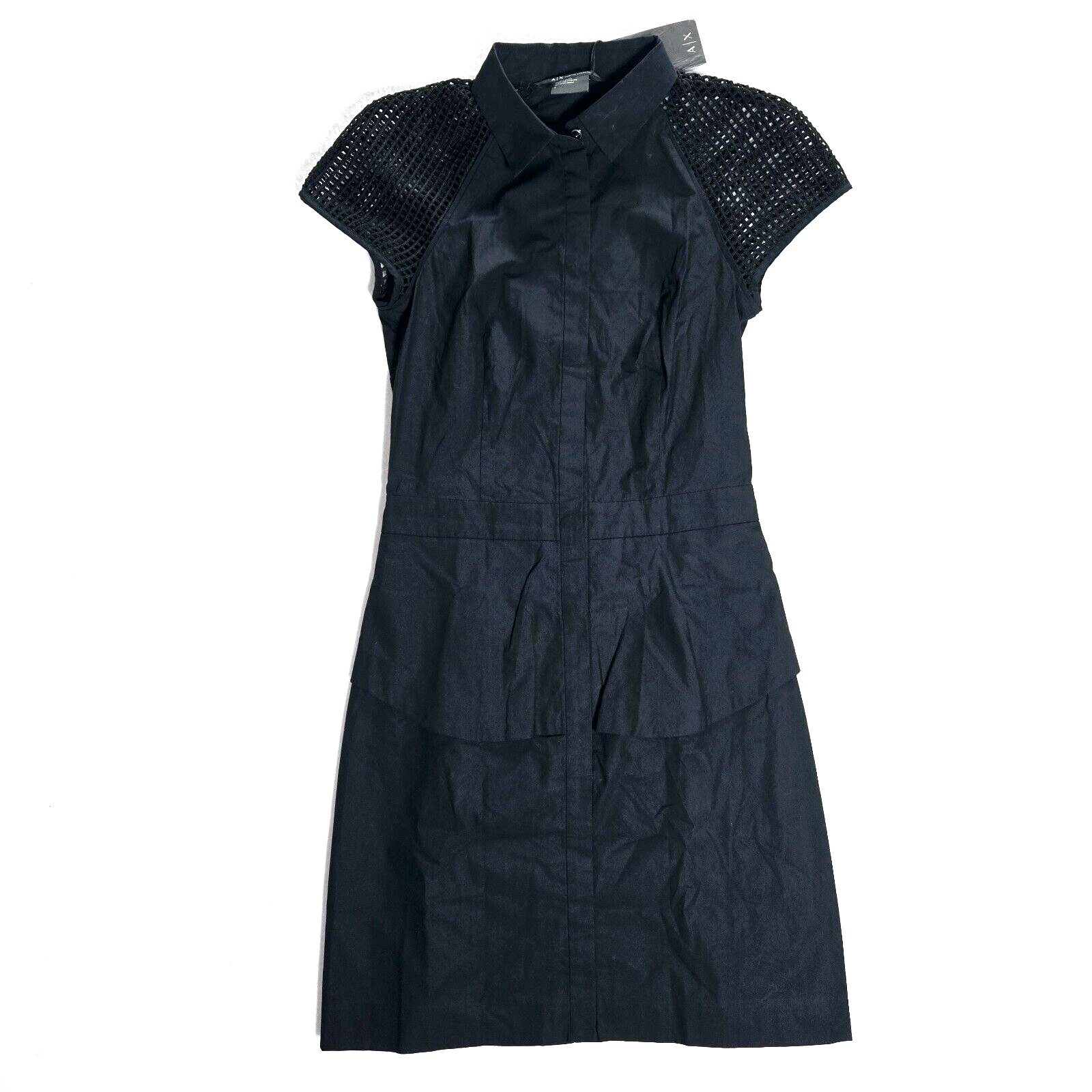 Armani Exchange Dress Size 2 Black Womens Cap Mesh Sleeve AX NWT($150) Button Up