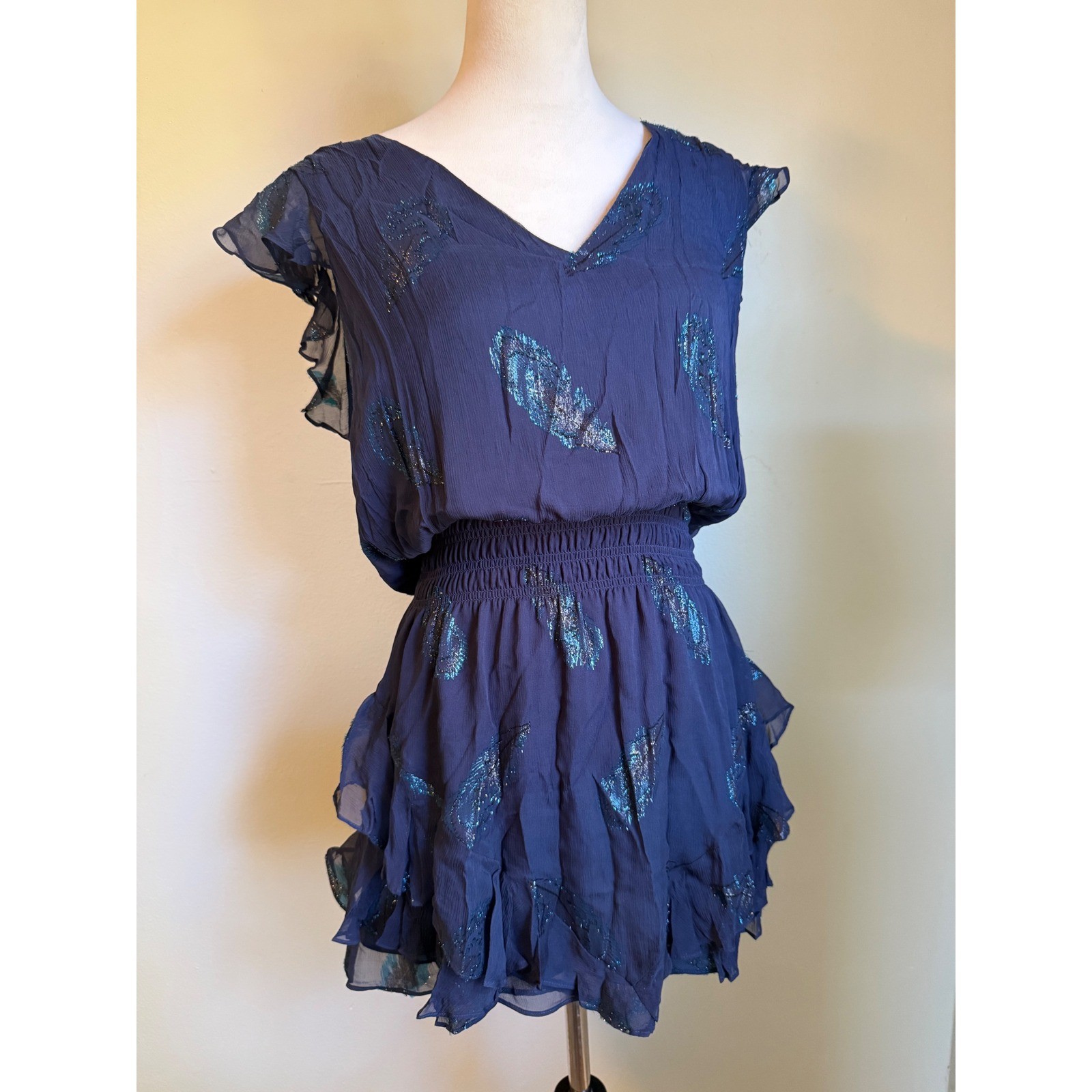 Ramy Brook Navy Blue Metallic Feather Silk Ruffle Mini Dress M boho whimsidainty
