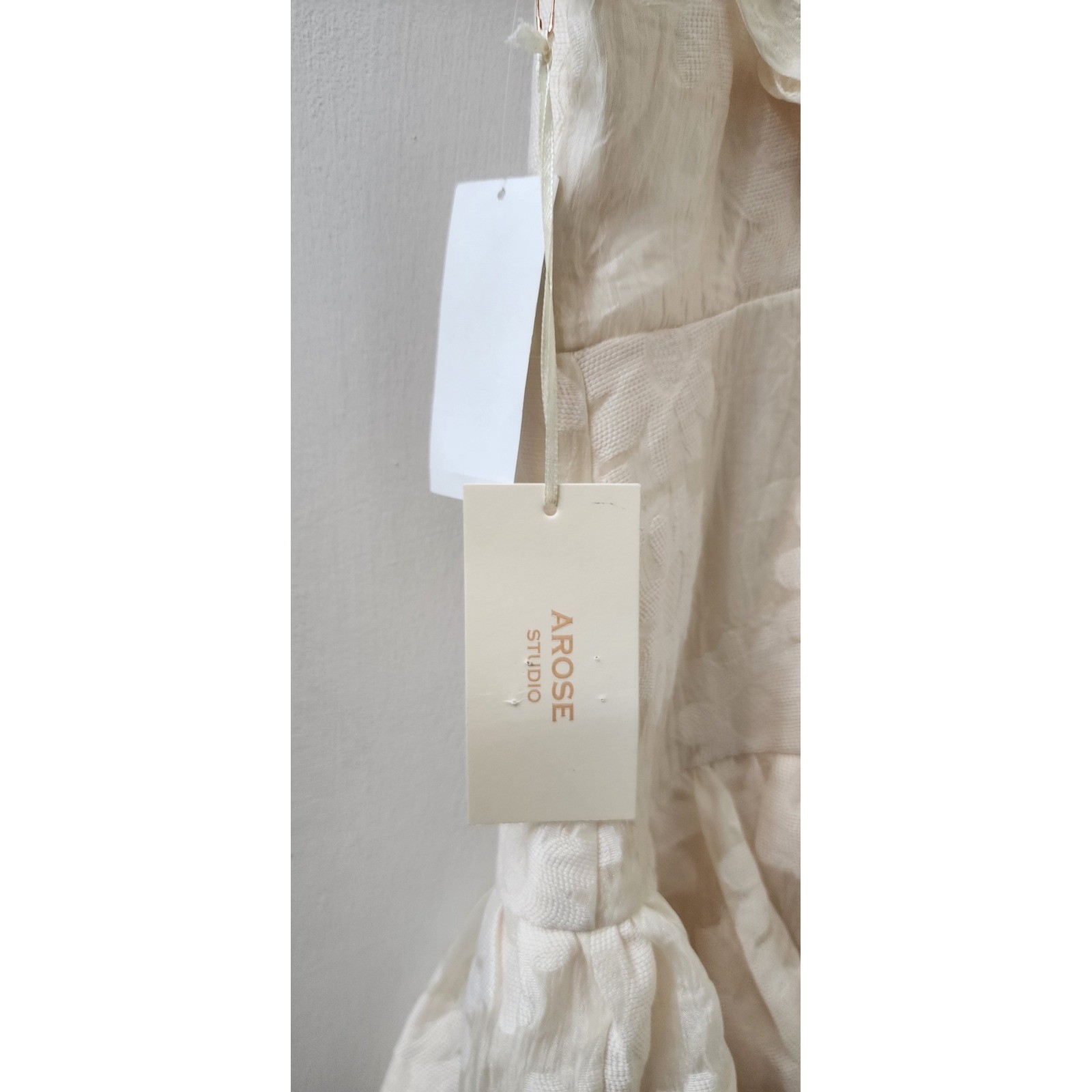 Arose Studio Cream Floral Jacquard Ruffle Mini Dress Medium NWT Ladder Lace Trim