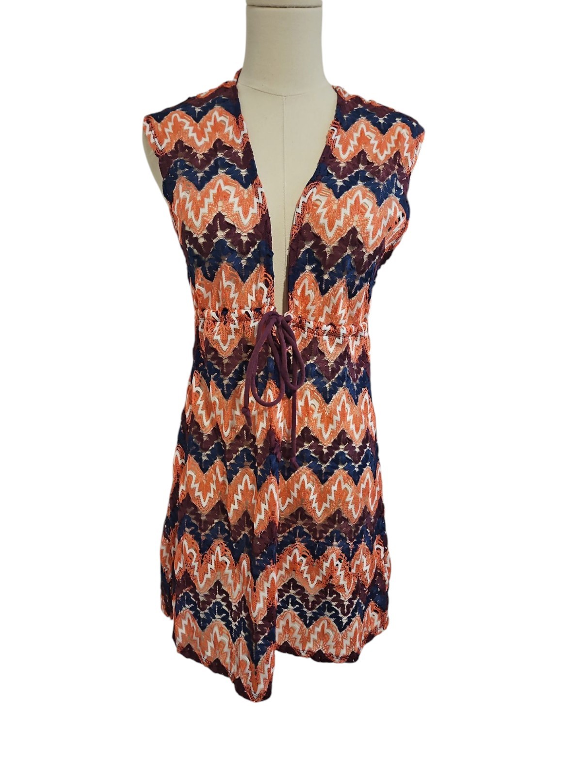Miken Womens Swim Dress Multicol Crochet Lace V Neck Cover Up Sheer Tunic Size S