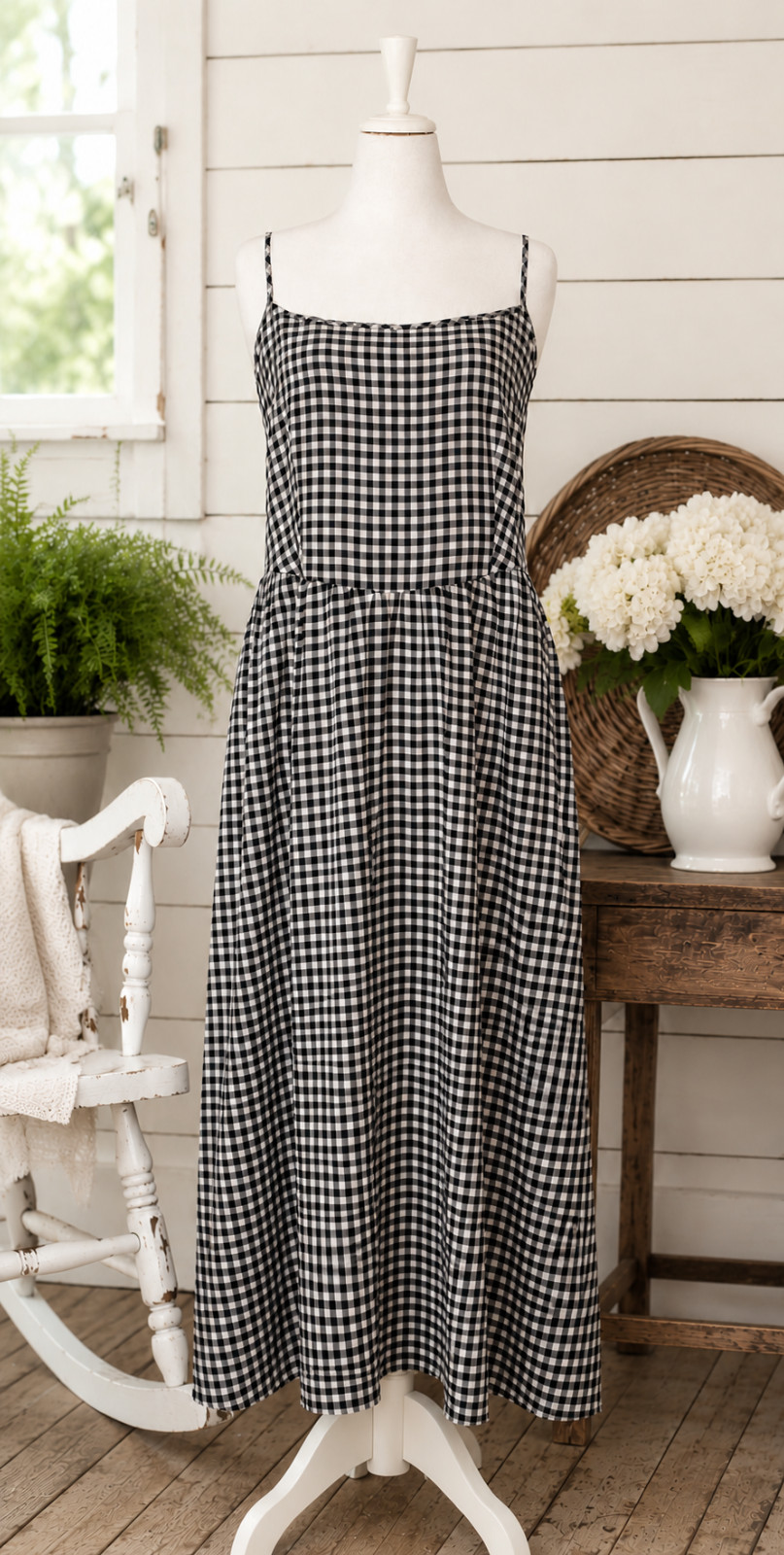 GAP Black Ivory Gingham Linen Blend Drop Waist Dress XL Pockets NWT