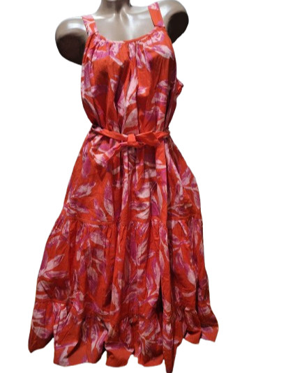 PEACOCKS Terracotta Pink Floral Cotton Maxi Dress Size 18 Boho Tiered Summer