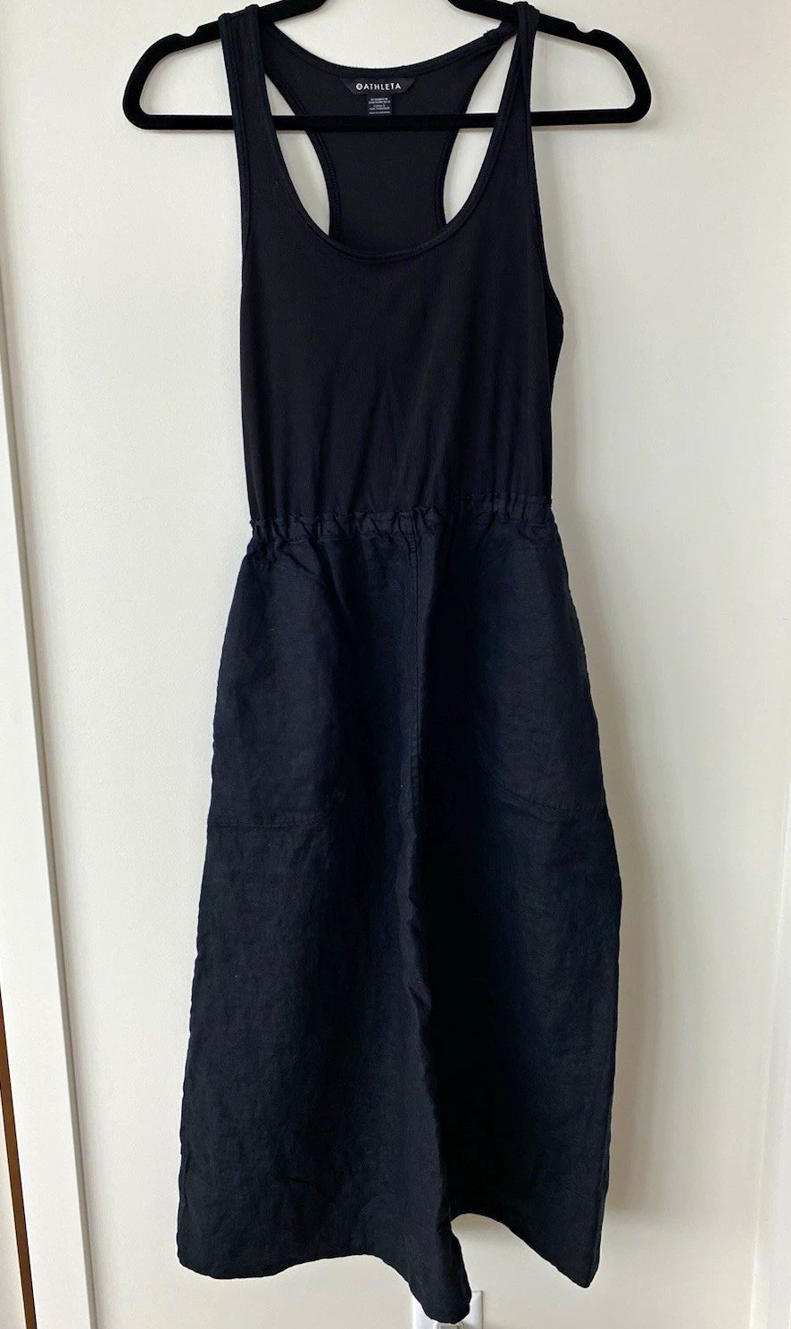 Athleta Black Ribbed Linen Tank Dress. Pockets. Midi. Size S