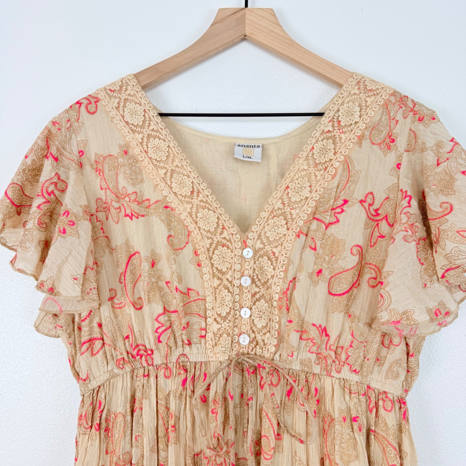 Ananta Paisley Boho Mini Dress Size L Tan Pink Crochet Lace Tiered Ruffle Tie