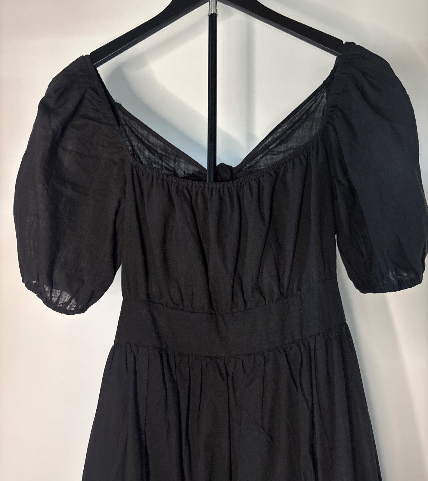 SHEIN Midi Black Backless Cut Out Puff Sleeve Tie Back Smocked Waist Ruffled Hem