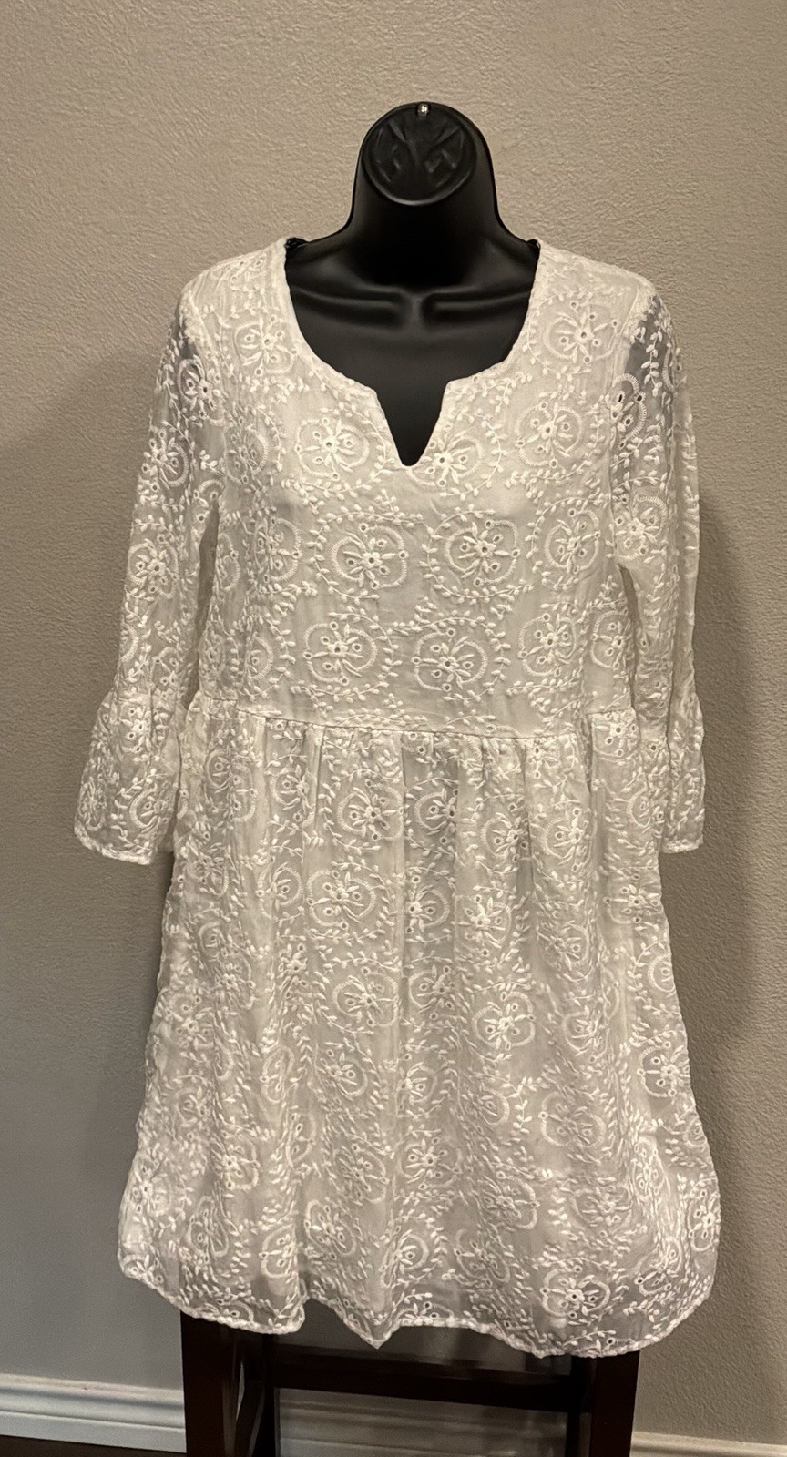 Kate & Sam Ivory Floral Lace Embroidered V-Neck 3/4 Bell Sleeve A-Line S
