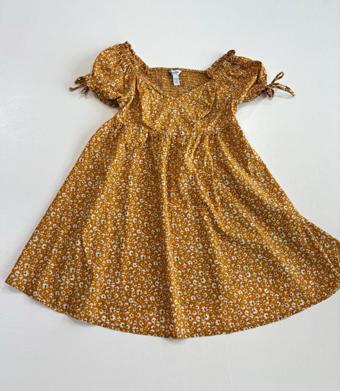 Arizona Jean Co. Women’s M Smocked Floral Dress Yellow Puff Sleeve with Ties