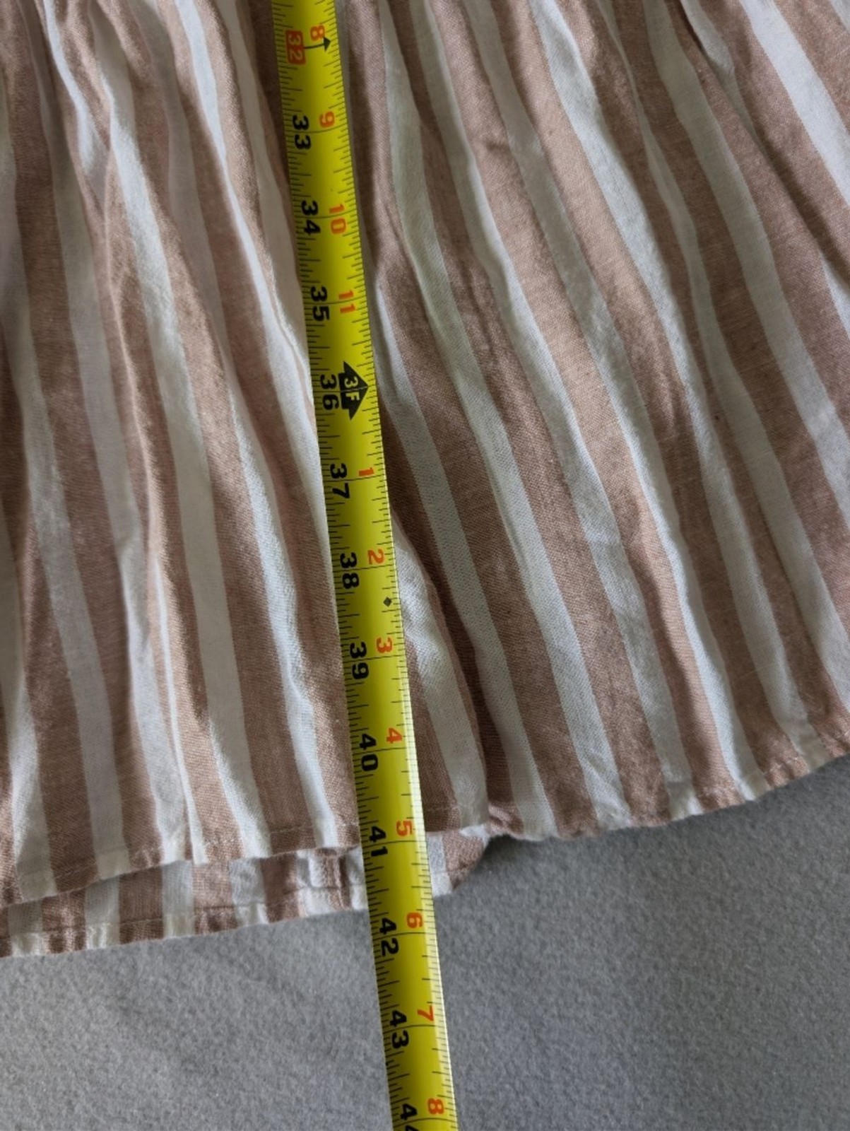 Linen Blend Tie Strap Ruffle Tier Coastal Neutral Striped Midi Dress Sz L Beach