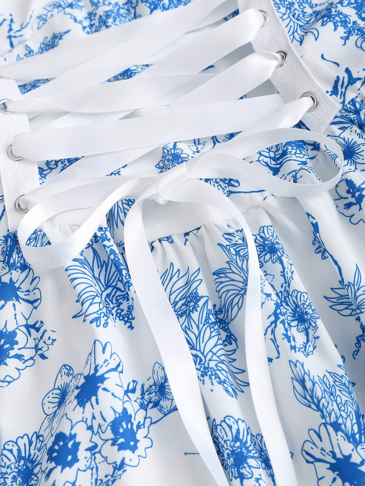 Blue white floral print spaghetti strap sweetheart neck high waisted puffy dress