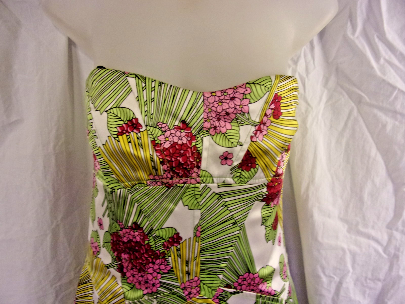 David Meister Silk Dress Ivory & Pink Palm Frond Bustier Style Dress 8