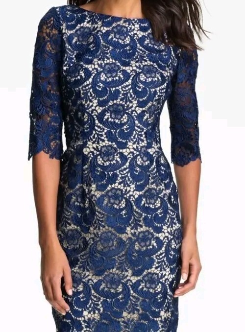 Eliza J Embroidered Lace Overlay Sheath Dress Sz 2 Blue EUC.