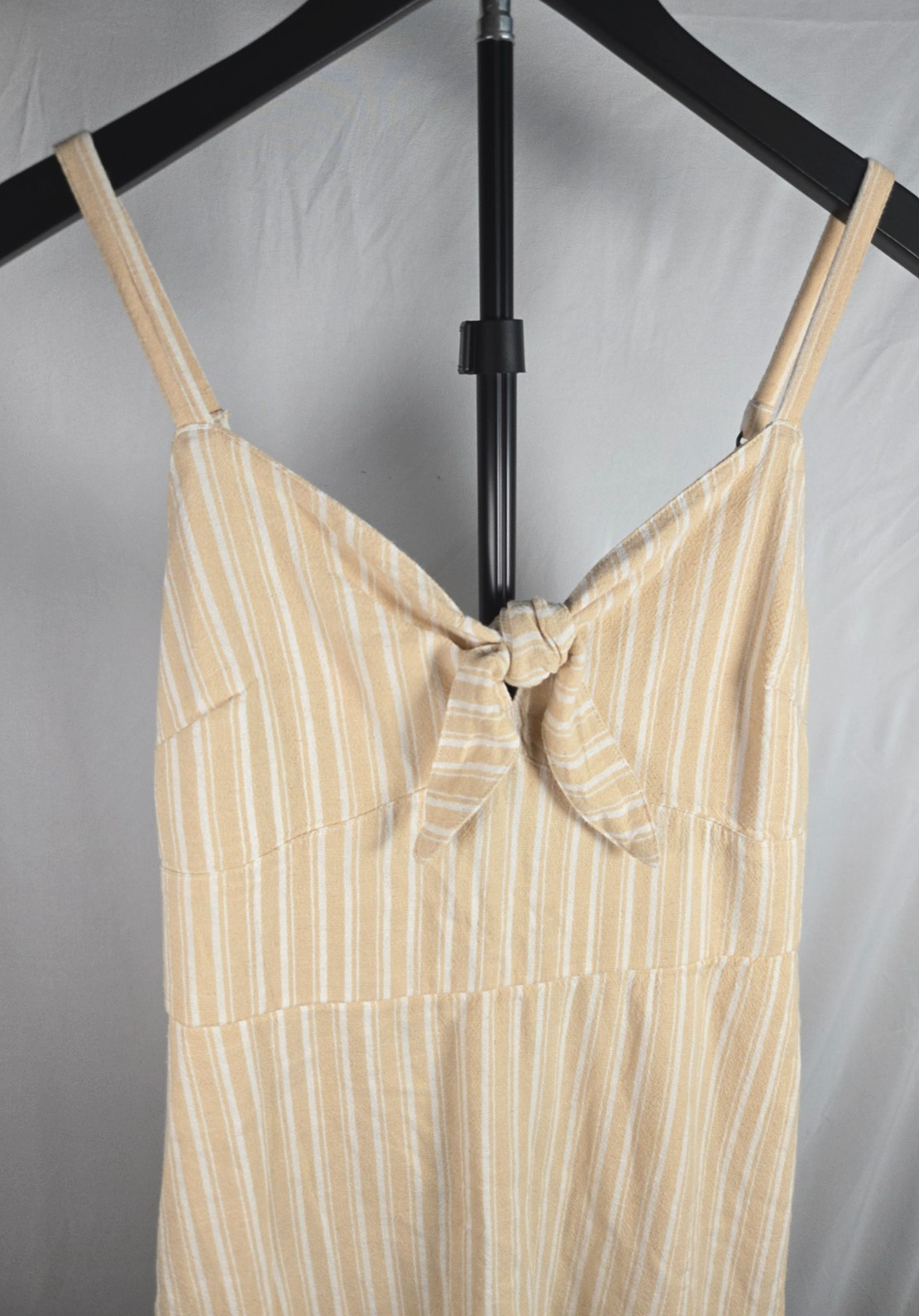 Striped Beige Cream Sundress Cotton Linen Sz M Babydoll Coastal Neutral Beachy