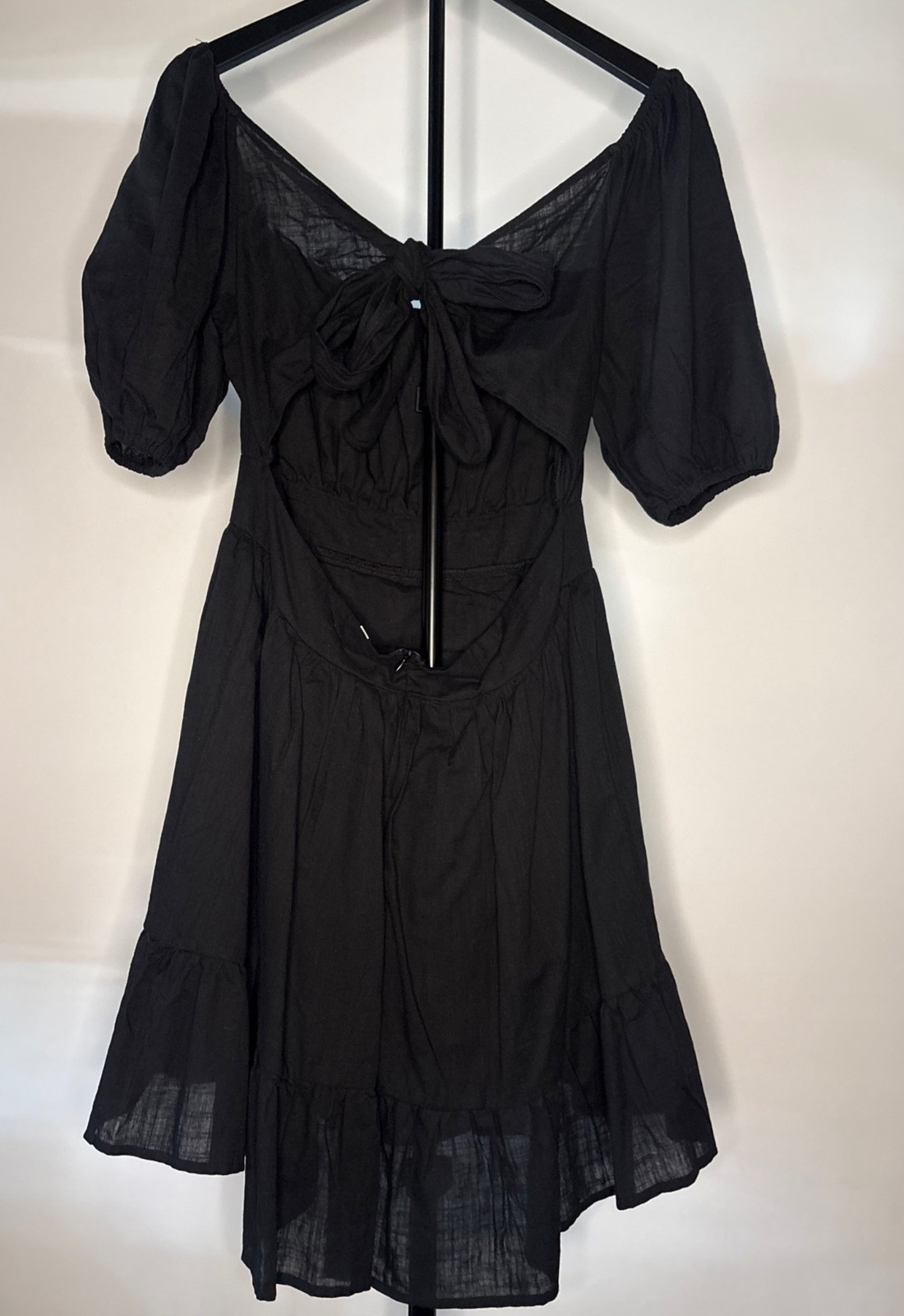 SHEIN Midi Black Backless Cut Out Puff Sleeve Tie Back Smocked Waist Ruffled Hem
