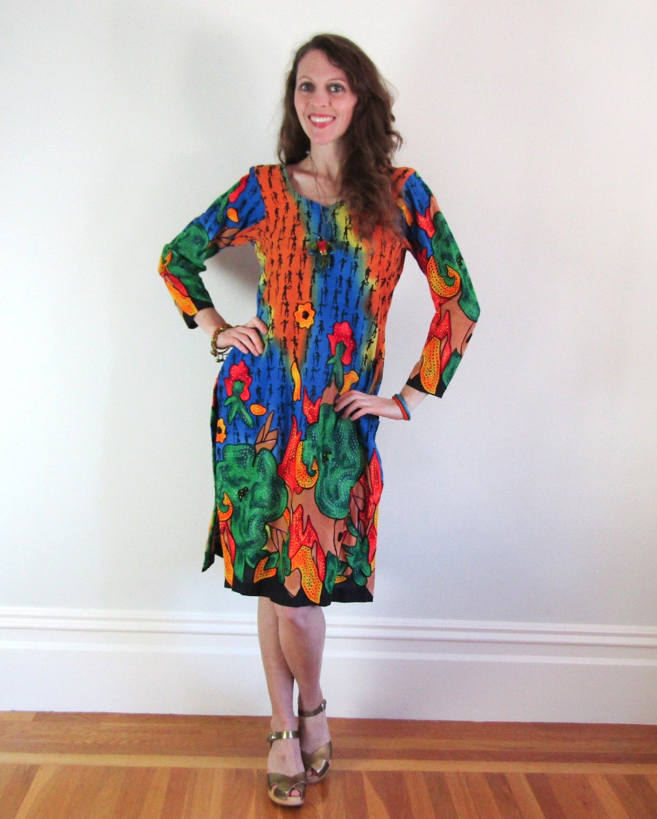 Vtg RAINBOW EMBROIDERED CAFTAN Egypt ethnic robe dress PSYCHEDELIC HIPPIE SARI M