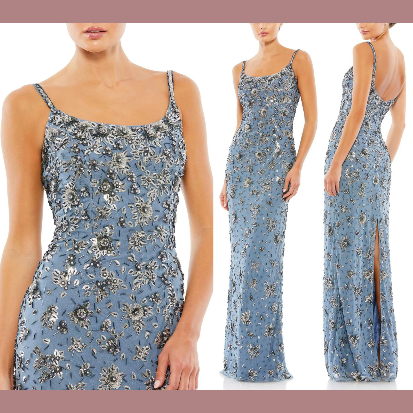 NWT Mac Duggal [ 4 ] 5477 Floral Embellished Scoop Neck Gown Slate Blue #S1248