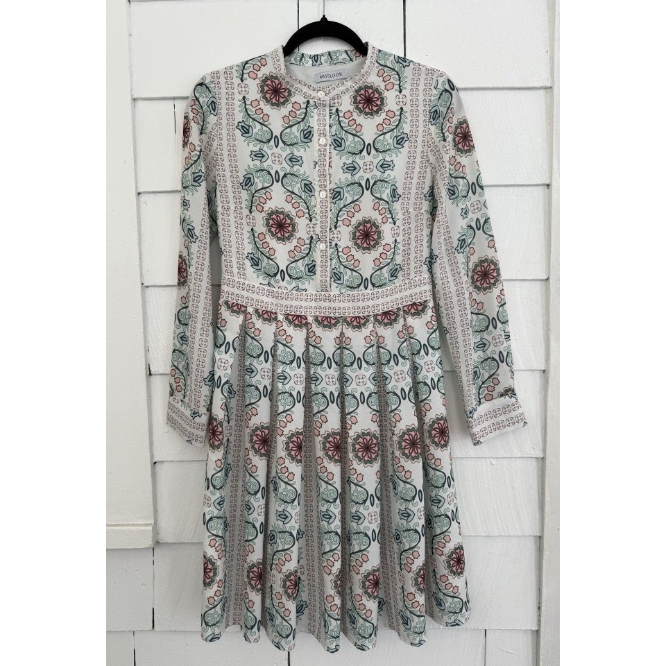 Misslook Womens Floral Allover Print Button Top Pleated A-Line Dress Boho Modest