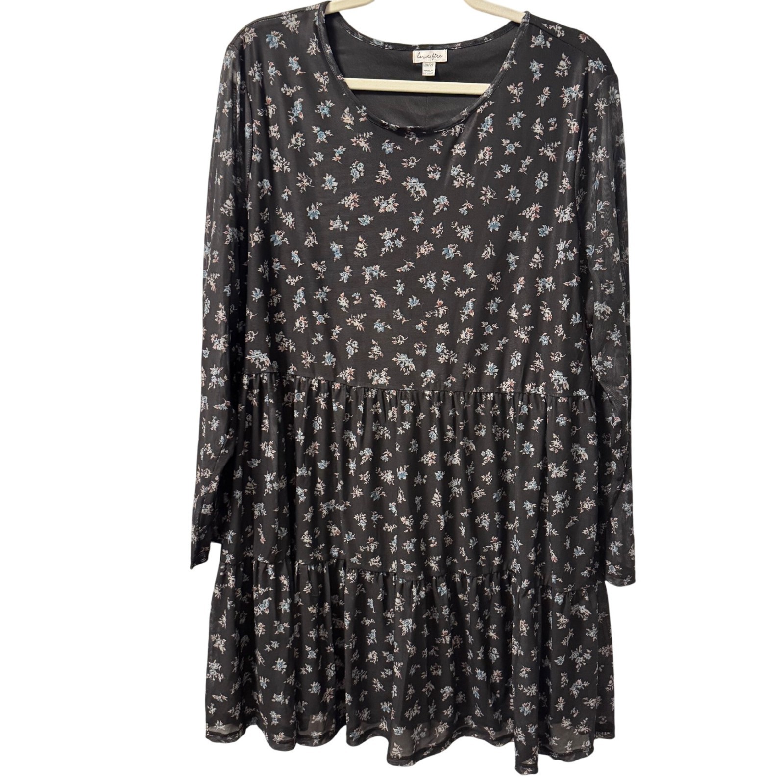 Love Fire Womens Floral Tiered Long Sleeve Dress Sz 2X Black/White Polyester Ble