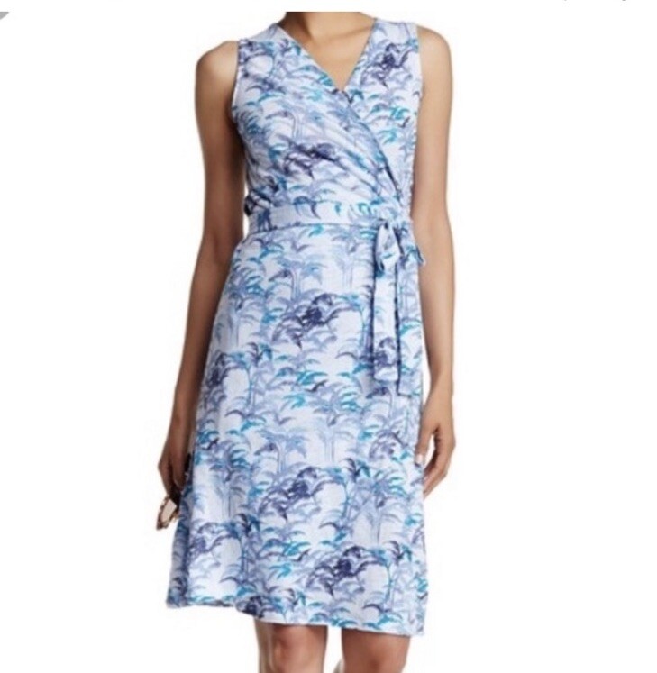 Tommy Bahama 100% Linen Sleeveless Palm Tree Tropical Wrap A Line Dress Blue S