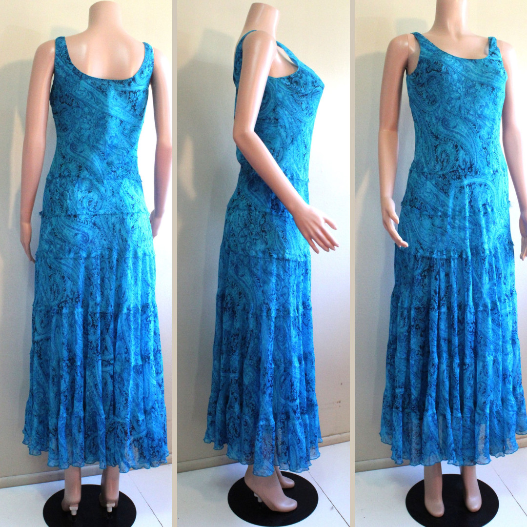 Jones Wear 4 S Fit Flare Dress Bias Cut Sleeveless Blue Paisley Tiered Skirt