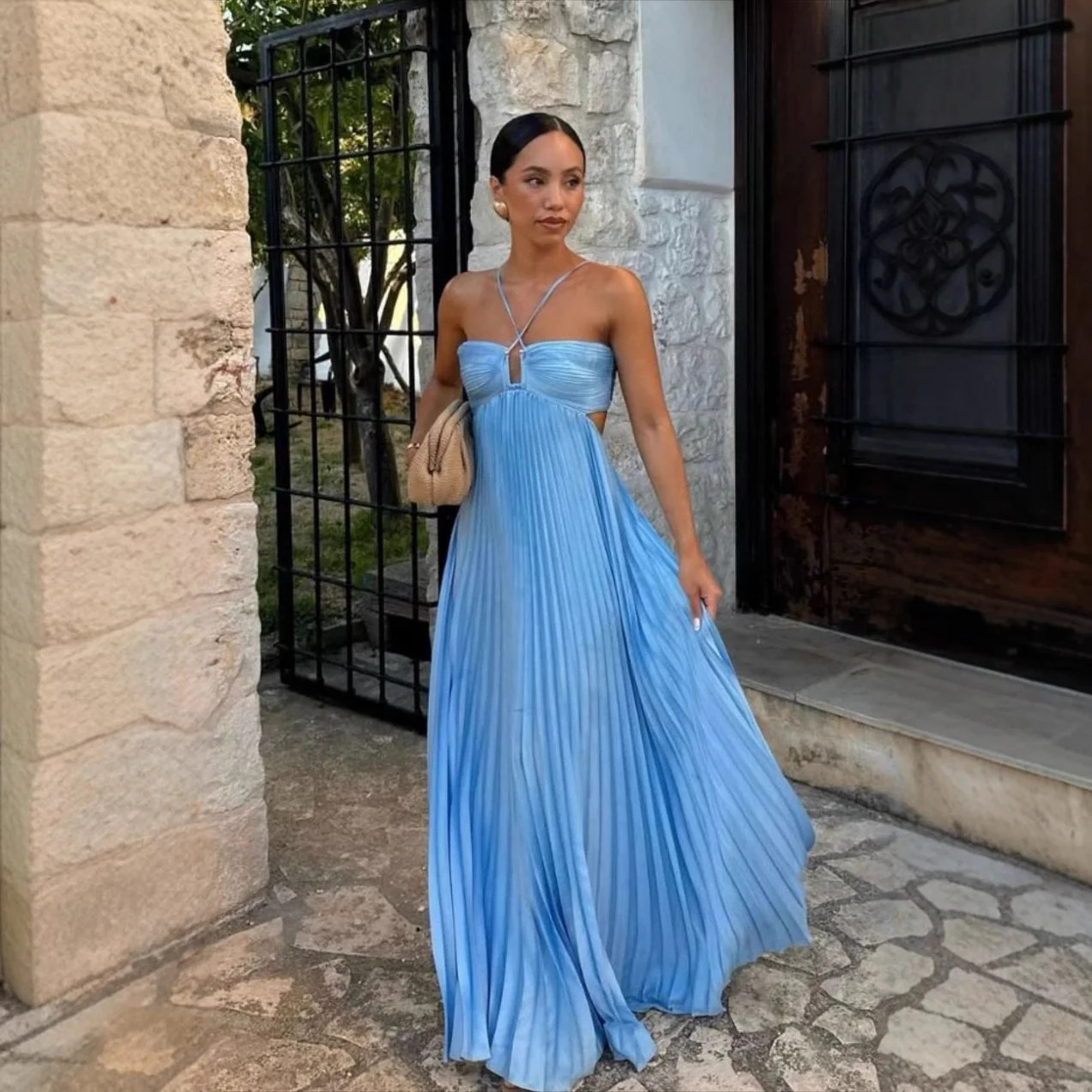 Pleated Halter Sling Dress | High Waist Club Party Dress Women