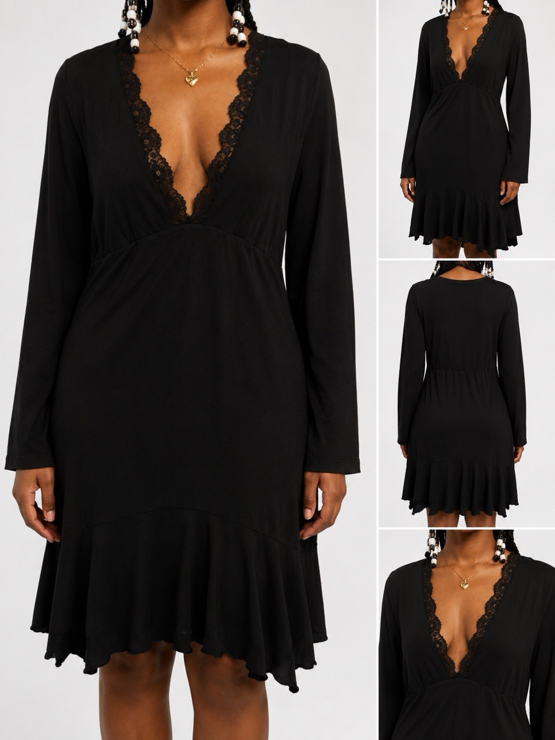 Women’s S Black Solid V-Neck Long Sleeve Lace Trim Ruffle Hem A-Line Dress