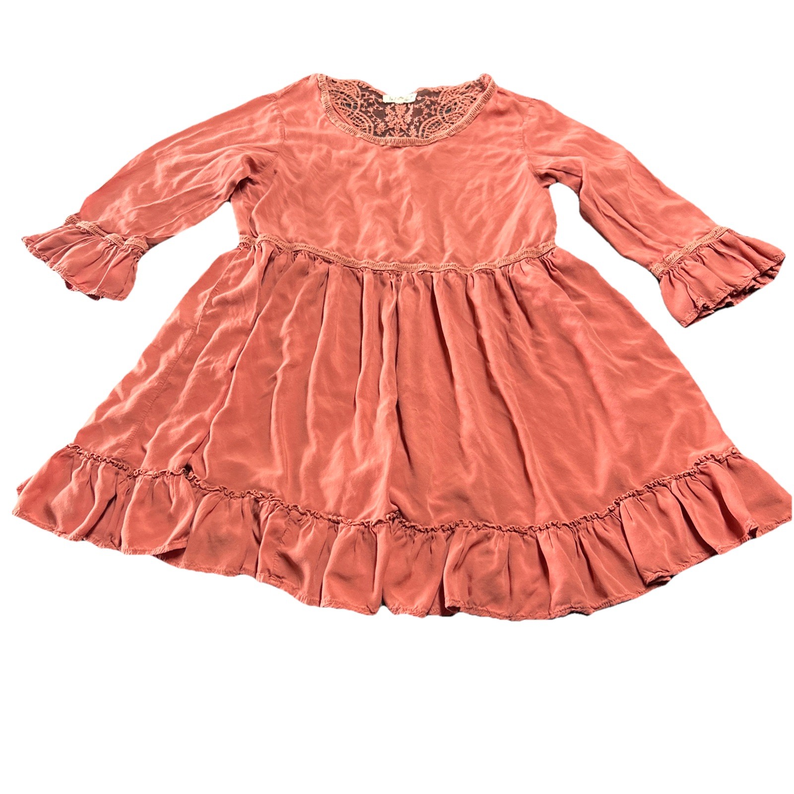 Indigo Soul Pink Lace Trim Tiered Ruffle Dress S Boho Cottage Rodeo Romantic
