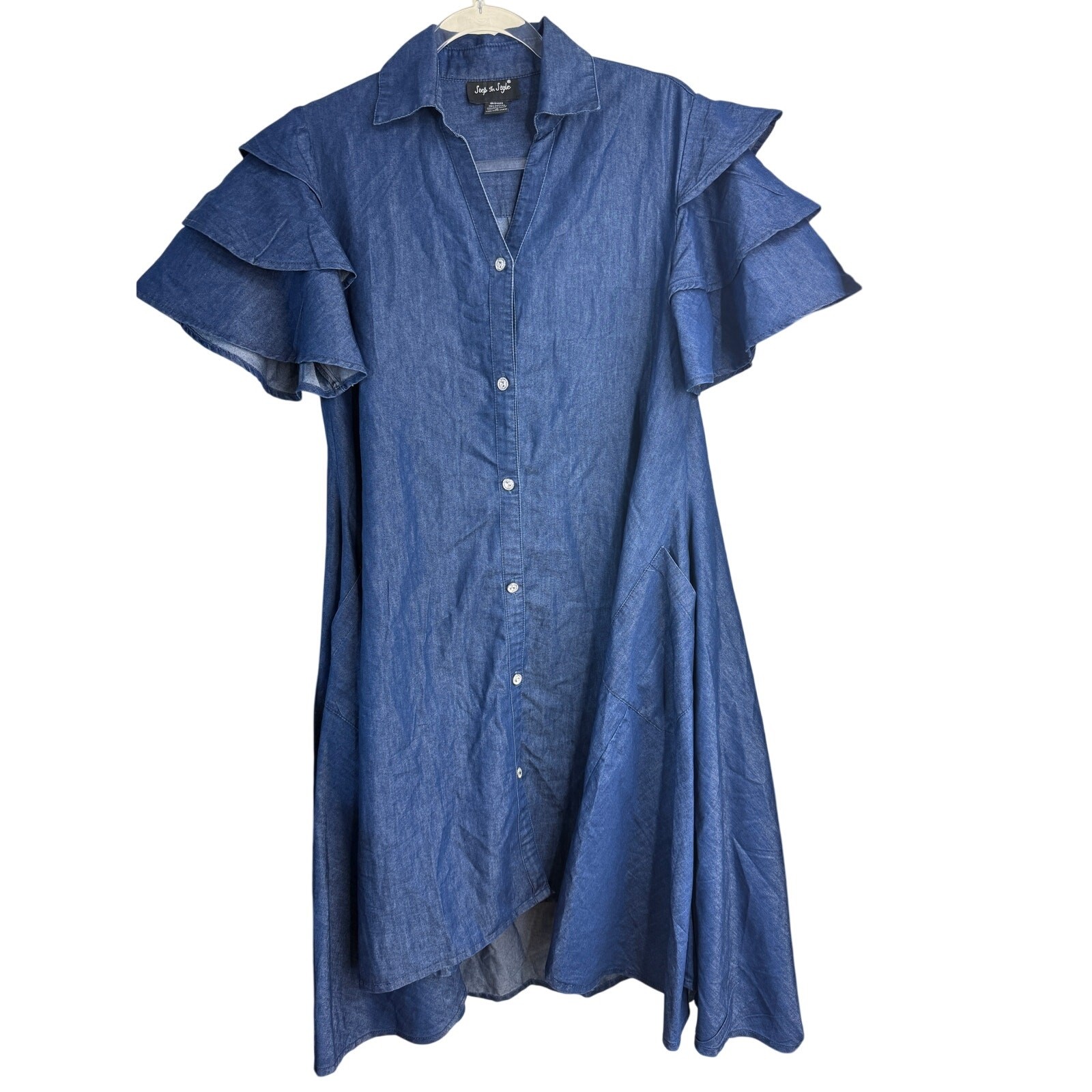 STEP IN STYLE Tunic Shirt Dress Size M Chambray Rhinestone Ruffle Swing Rustic