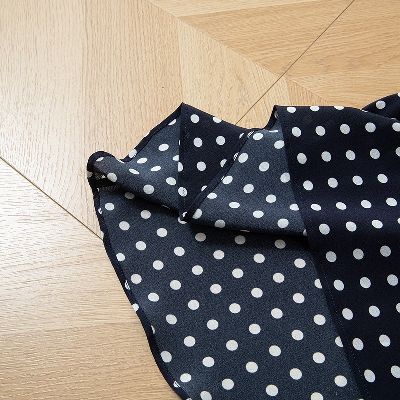 100% Mulbery Silk Navy Polka Dots Short Sleeve Fit Type Women Midi Dress QQ031