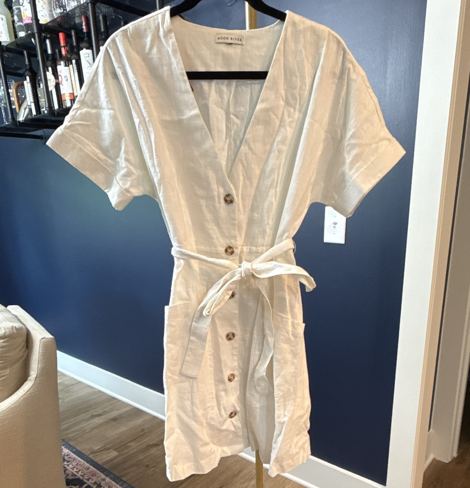 Moon River S White Linen Woven Shirt Dress V-Neck Short Sleeve Belted Pockets
