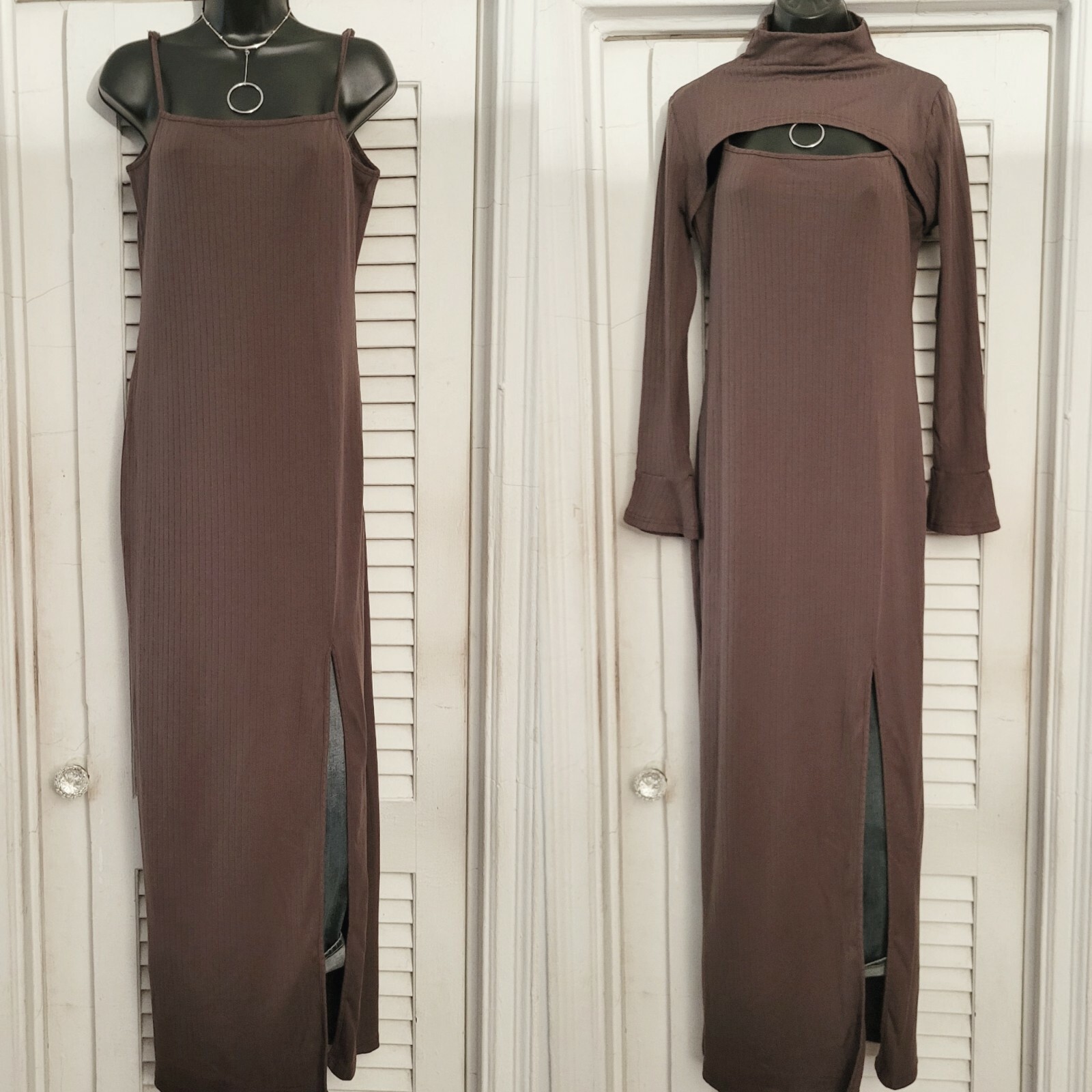 2 Piece Mocha Brown Ribbed Mock Neck Cutout Front Back High Split Maxi Dress L