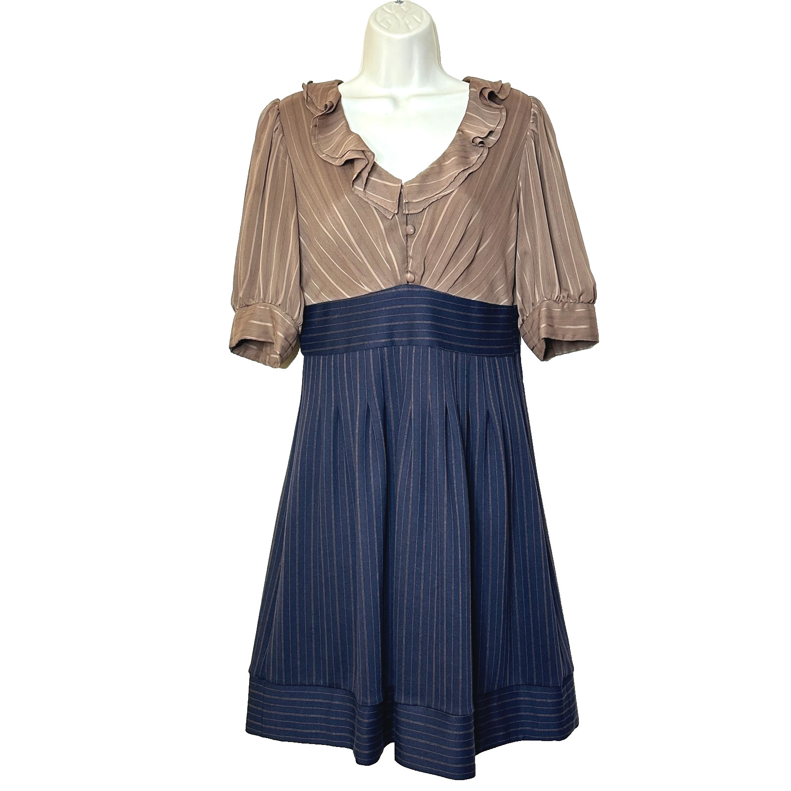 Rabbit Rabbit Rabbit Designs Tan Navy Pinstripe Balloon Sleeve Dress Women’s 8