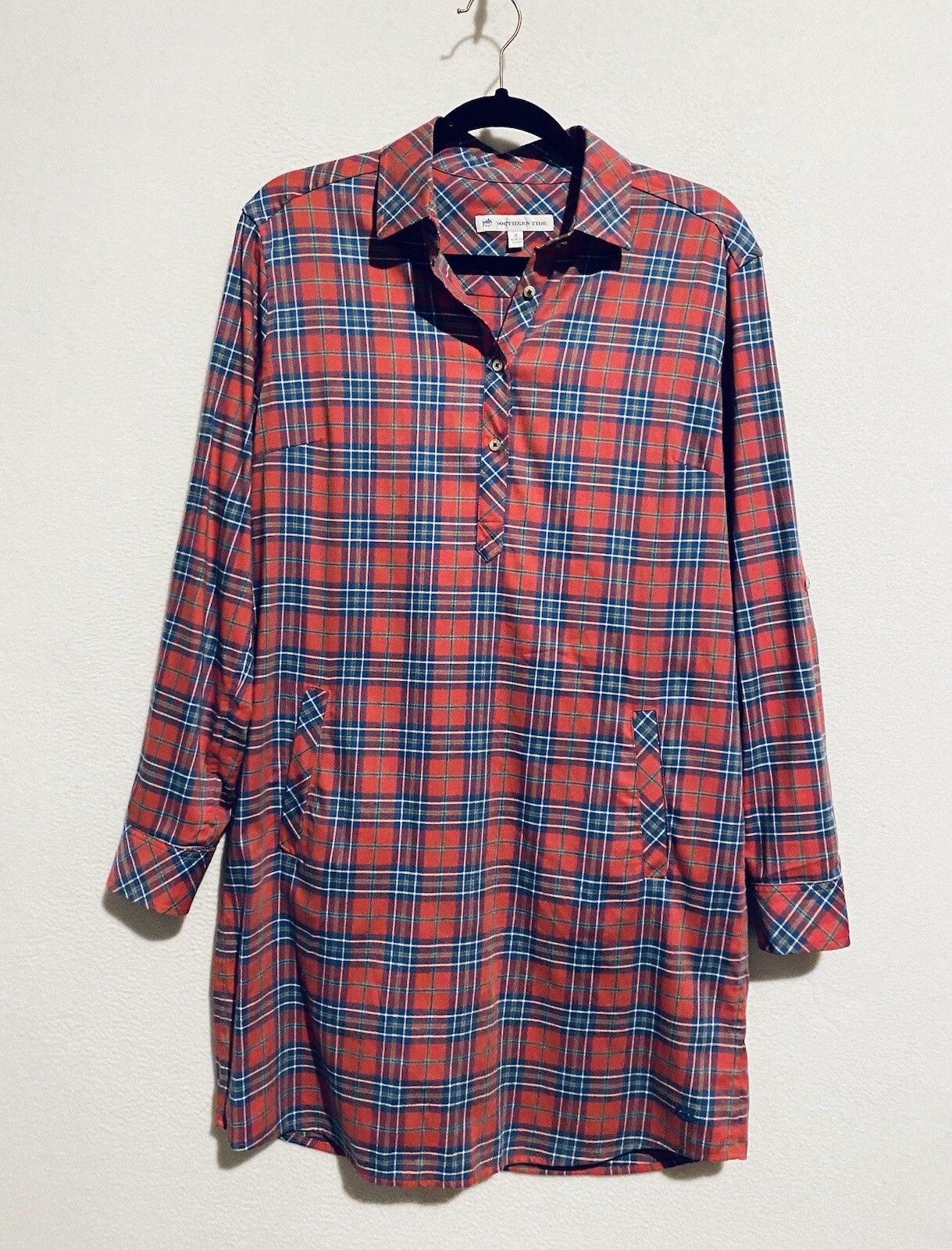 Southern Tide Alyssa Shirt Dress Womens Small Plaid Long Sleeve Pockets Red Blue