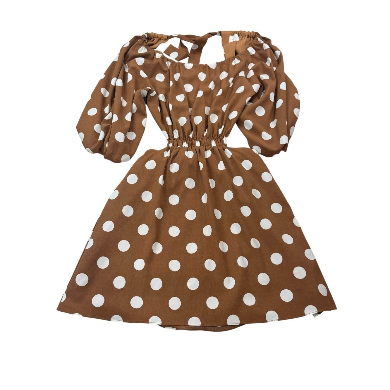 Brown & White Polka Dot Mini Dress with Puff Sleeves Open Back Size Medium