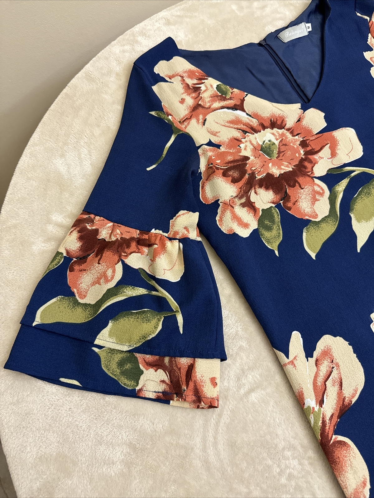 BELONGSCI Womans Navy Blue Floral FLARED SLEEVE Dress Size Medium