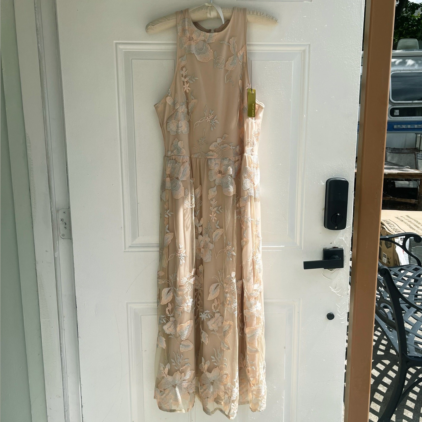 Alexia Admor Champagne Floral Embroidered Mesh Midi Dress Silver Peach M NWT