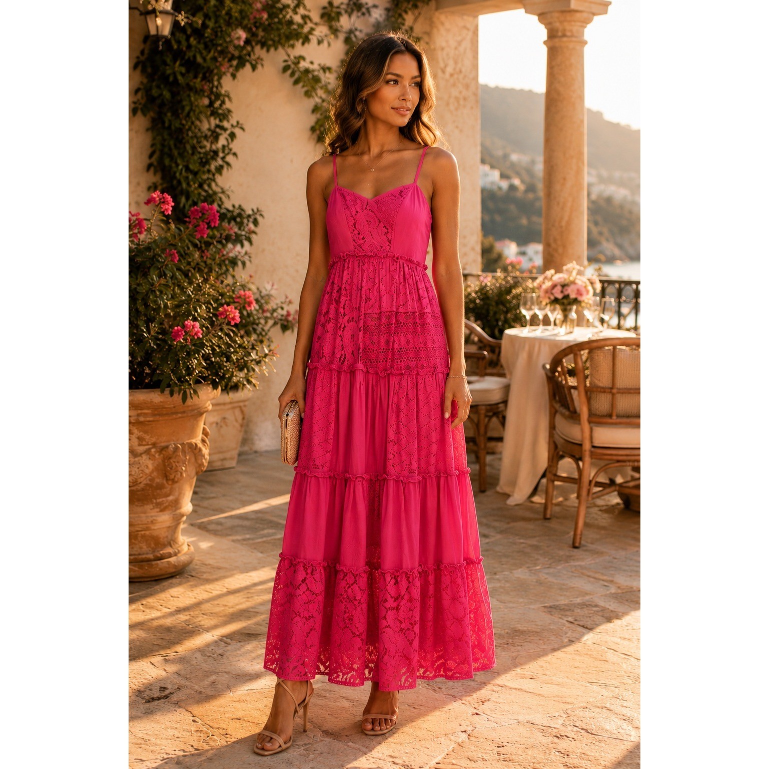 NWT Bhanuni by Jyoti Lace Tiered Maxi Dress Pink Sleeveless Boho XS/S Artisan