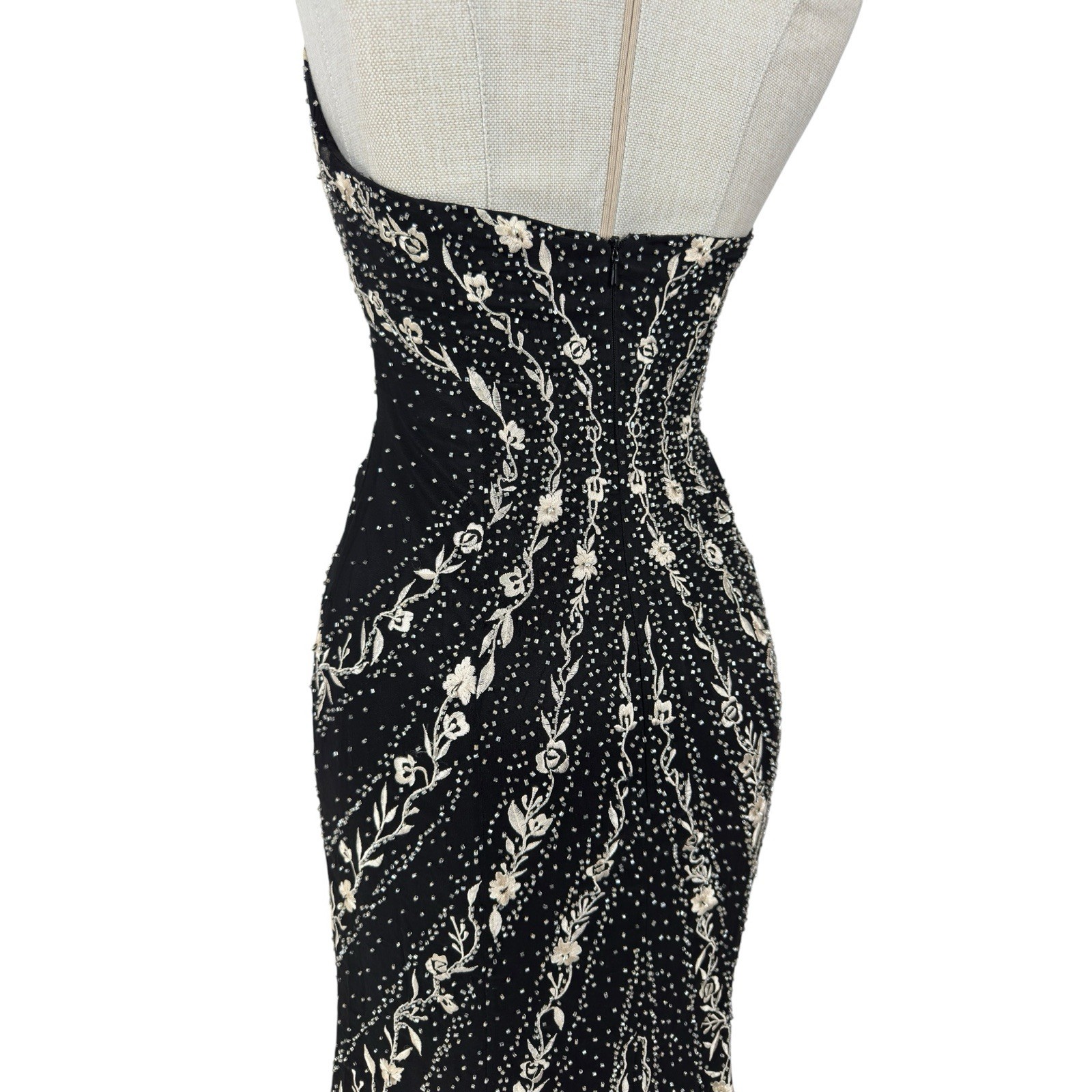 Silk Beaded Halter Evening Dress Black Embroidered Mermaid Gown Y2K Glam