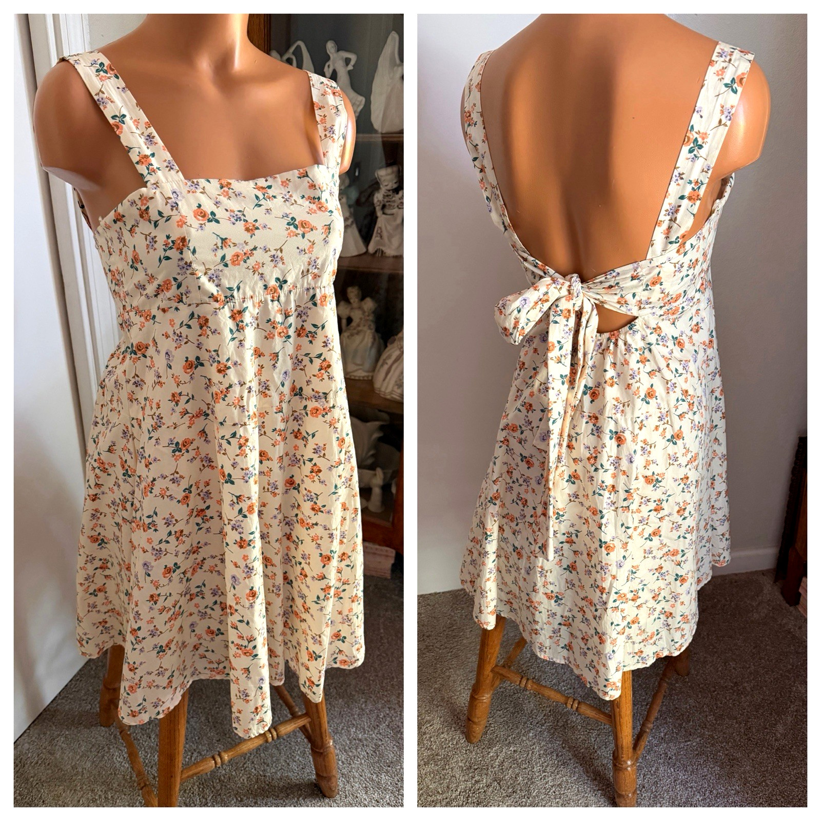 BY THE RIVER SUMMER ROSE FLORAL COTTON W/ SASH BOW LINED SUNDRESS SZ S