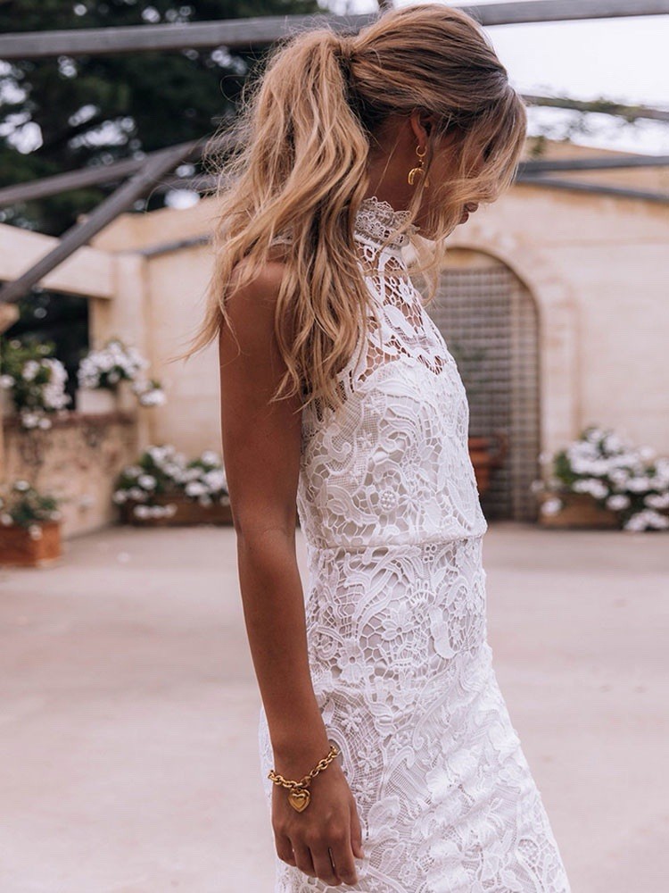 Spell Bride Edie Lace Maxi Gown Size XS High Neck Open Back Bridal Dress Train