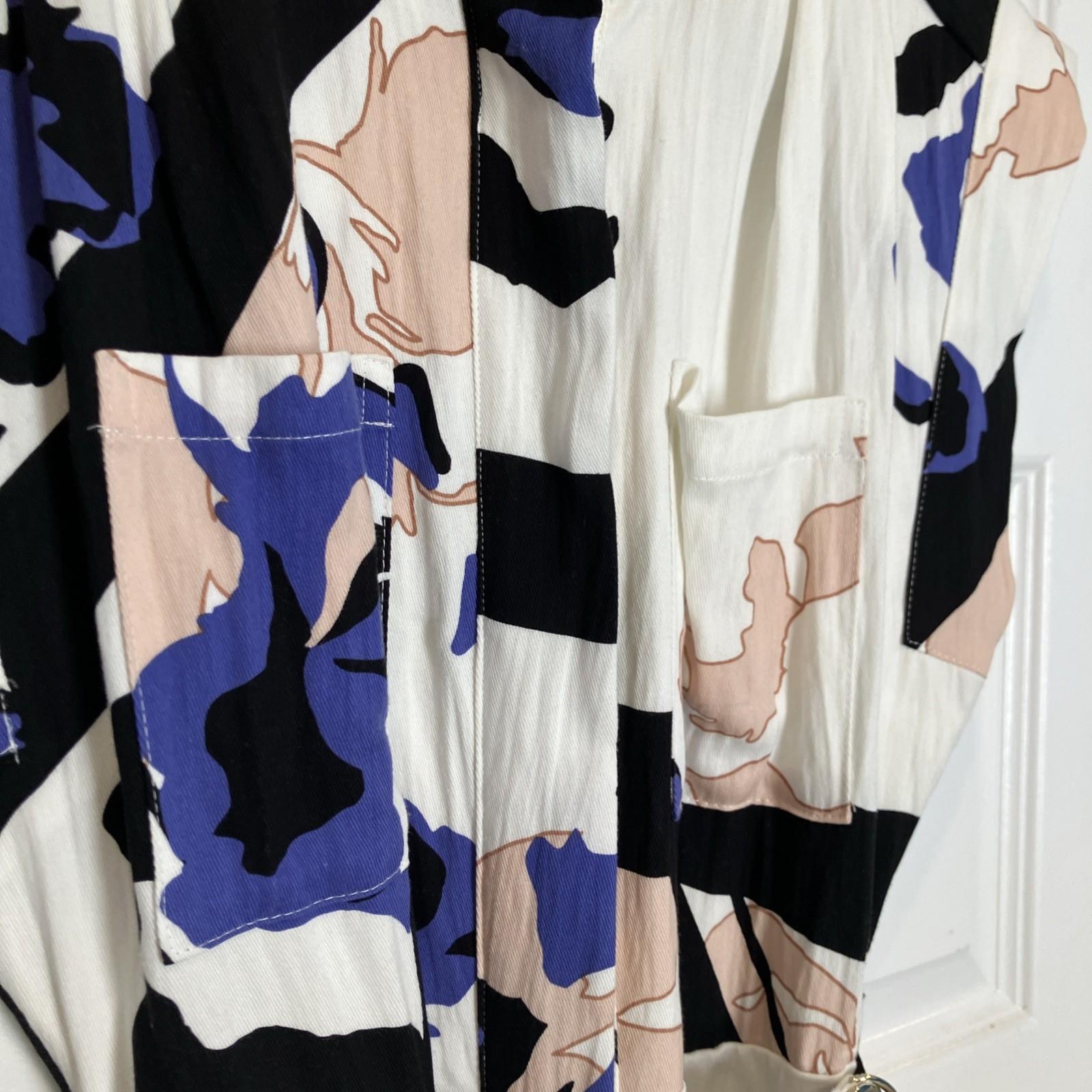 EUC Nine West Floral Abstract Dress Size S White Black Blue Long Dolman