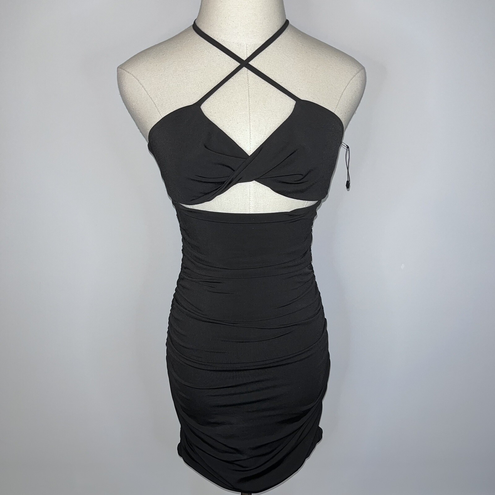 OLIVACEOUS Black Bodycon Ruched Halter Cutout Short Mini Dress Small NWOT Sexy