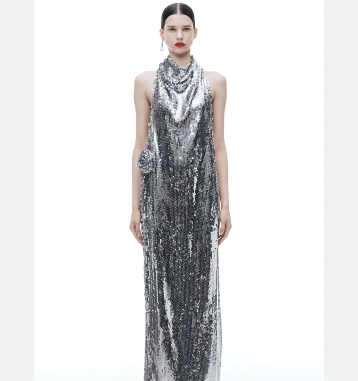 Magda Butrym X H&M – SILVER SEQUIN ROSE APPLIQUE MAXI DRESS – size Small