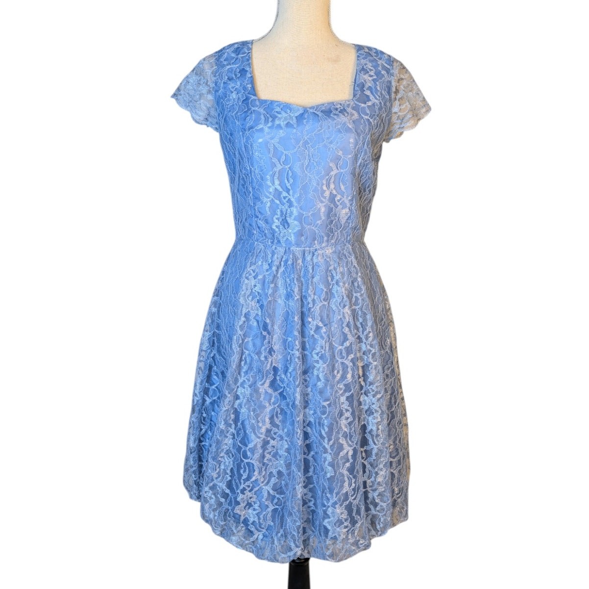 Vintage 90s Blue Lace Bubble Hem Mini Dress Coquette Fairycore Babydoll