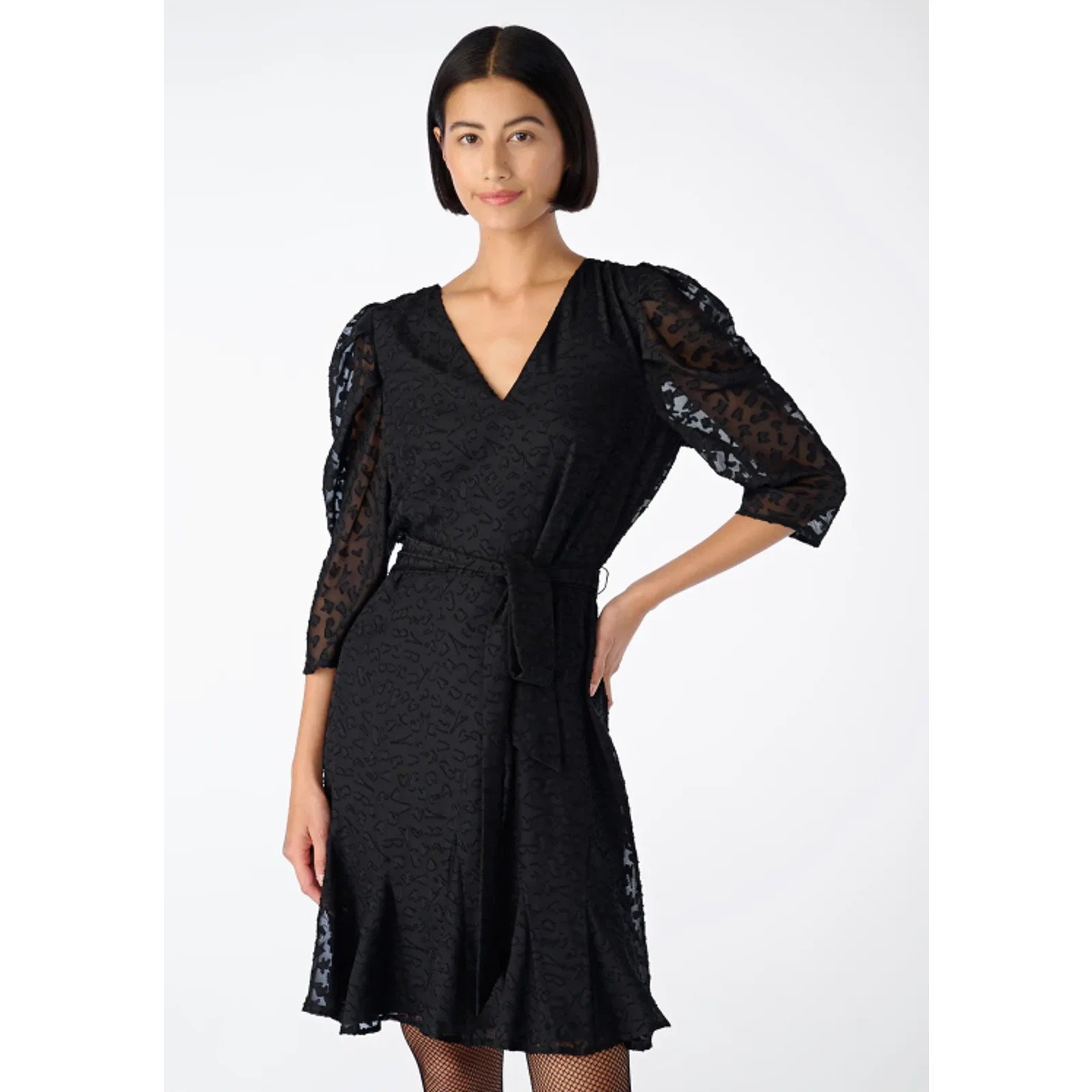 Karl Lagerfeld Burnout Logo Print V‑Neck Tie Waist Dress Black Women 16 NWT