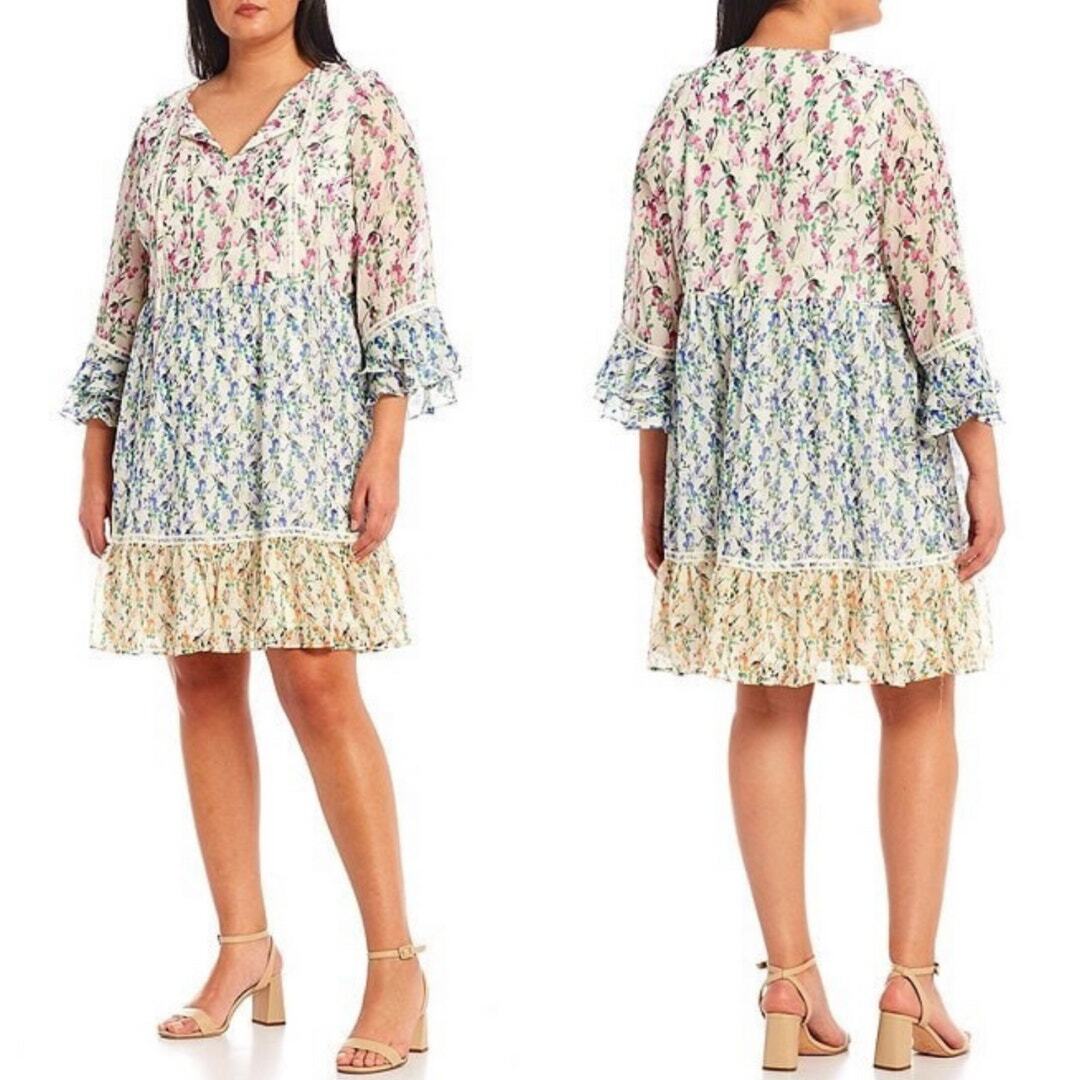 Maison Tara Ivory Multi Floral Print 3/4 Ruffle Sleeve Babydoll Dress, 3X