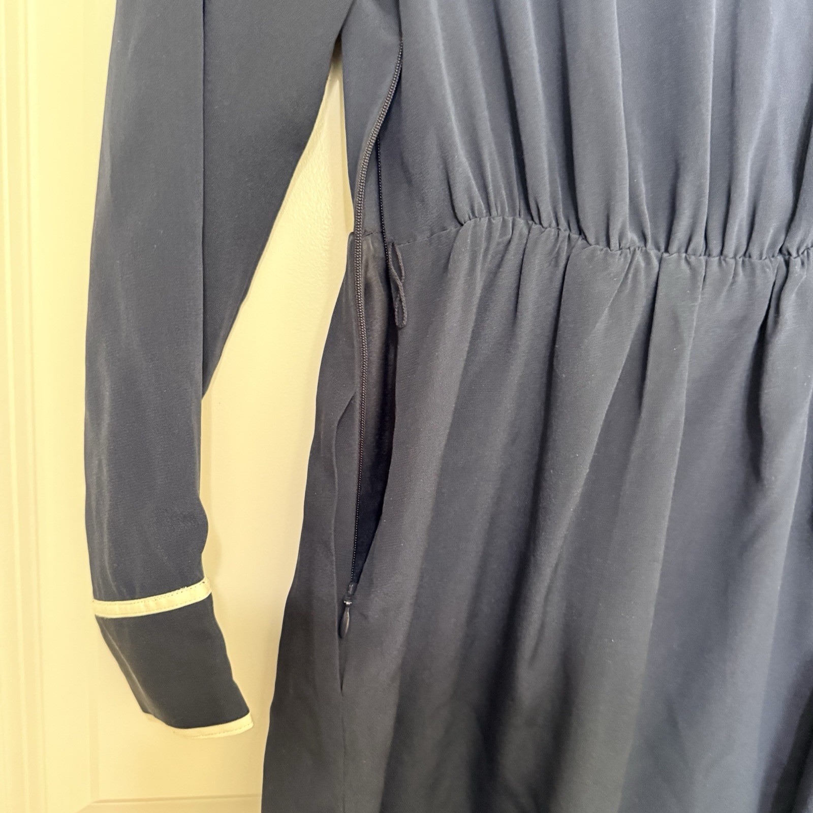 J. Crew Silk Shirt Dress Sheer Pockets Classic Navy Prep See Measurements XS/S