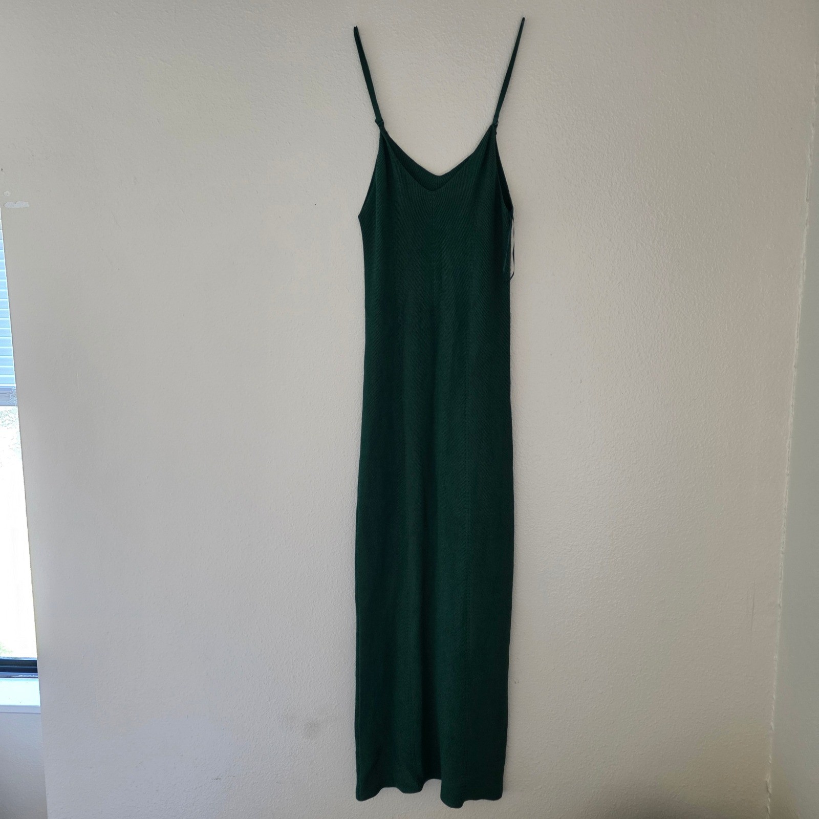 Freshman 1996 Women Green Ribbed Knit Maxi Dress V-Neck Adjustable Strap Small