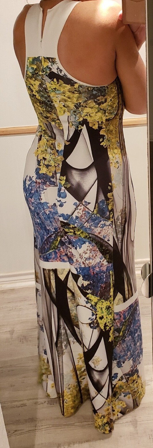 CLOVER CANYON Neoprene Scuba White Black Blue Lime Geo Print A-Line Maxi Dress M