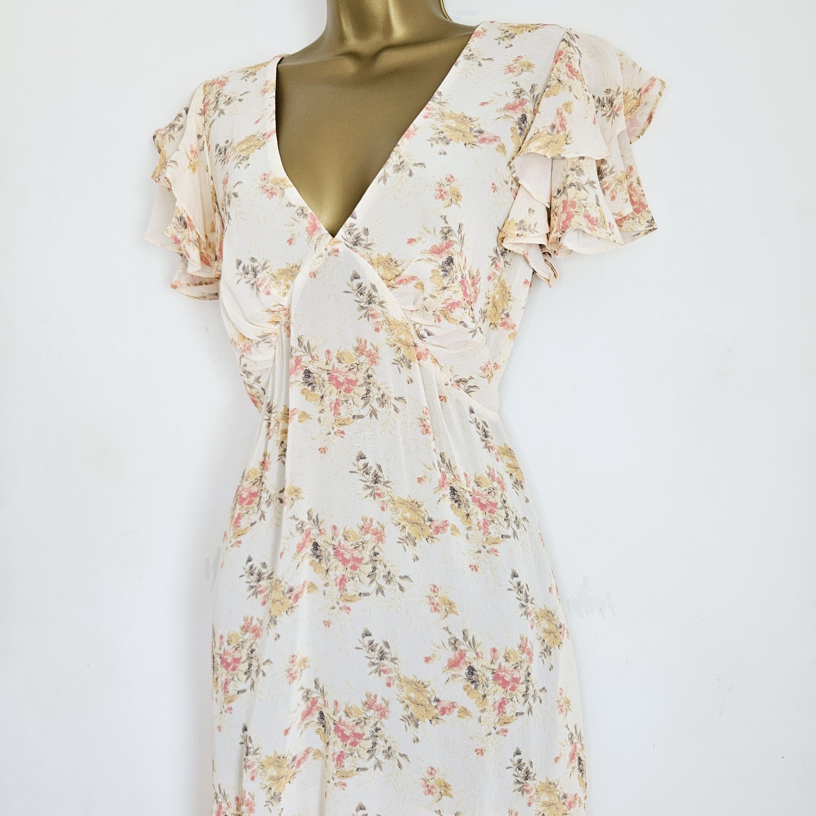 NEW Ex NEW LOOK 10-18 Ruffle Chiffon Floral Dress Ivory Pink Occasion Wedding