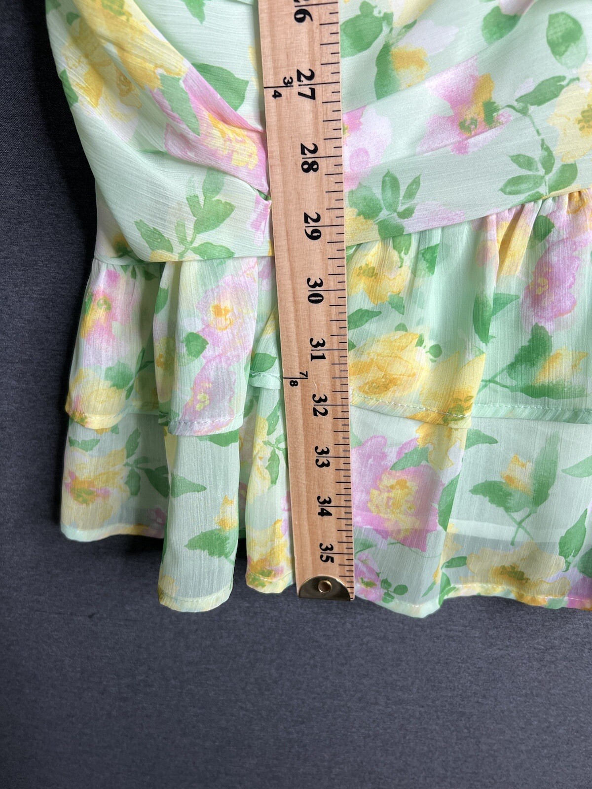 Elodie Floral Mini Chiffon Ruched Ruffle Dress Green Lined Sleeveless Women XL